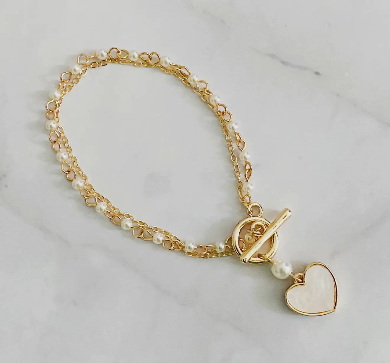 Layered Pearl Chain Heart Bracelet