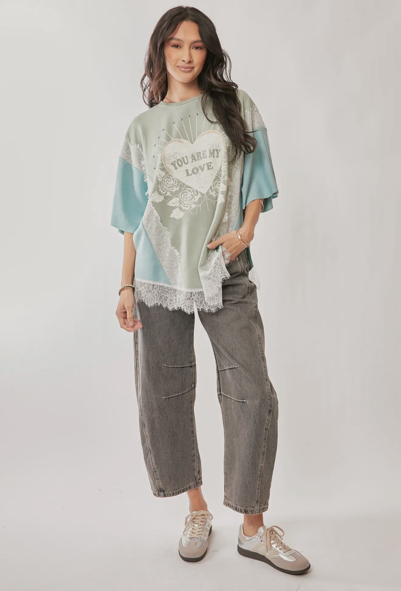 You Are My Love Graphic Lace Top – Sage Blue Short Sleeve
