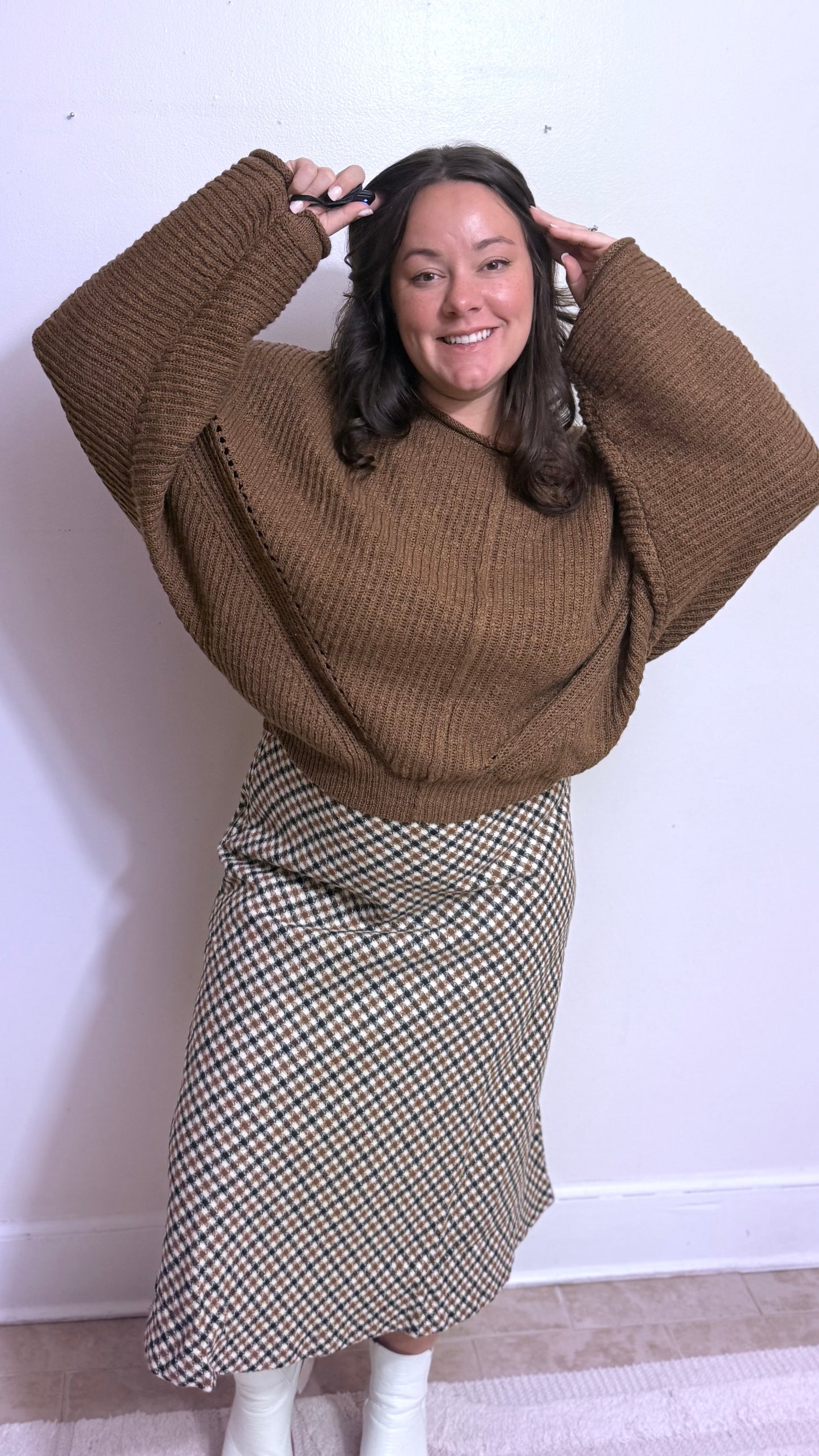 Cinnamon Houndstooth Midi Skirt