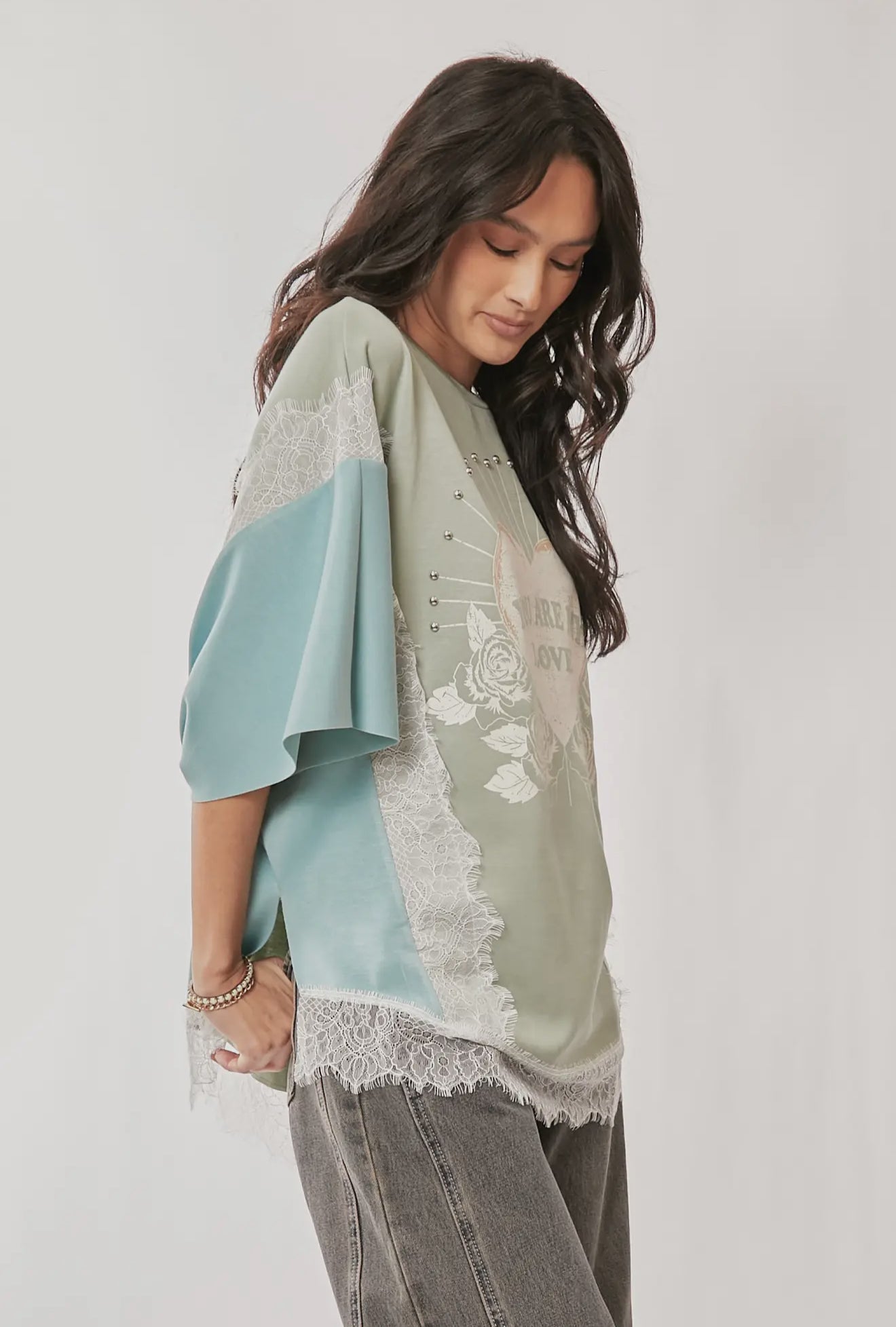 You Are My Love Graphic Lace Top – Sage Blue Short Sleeve