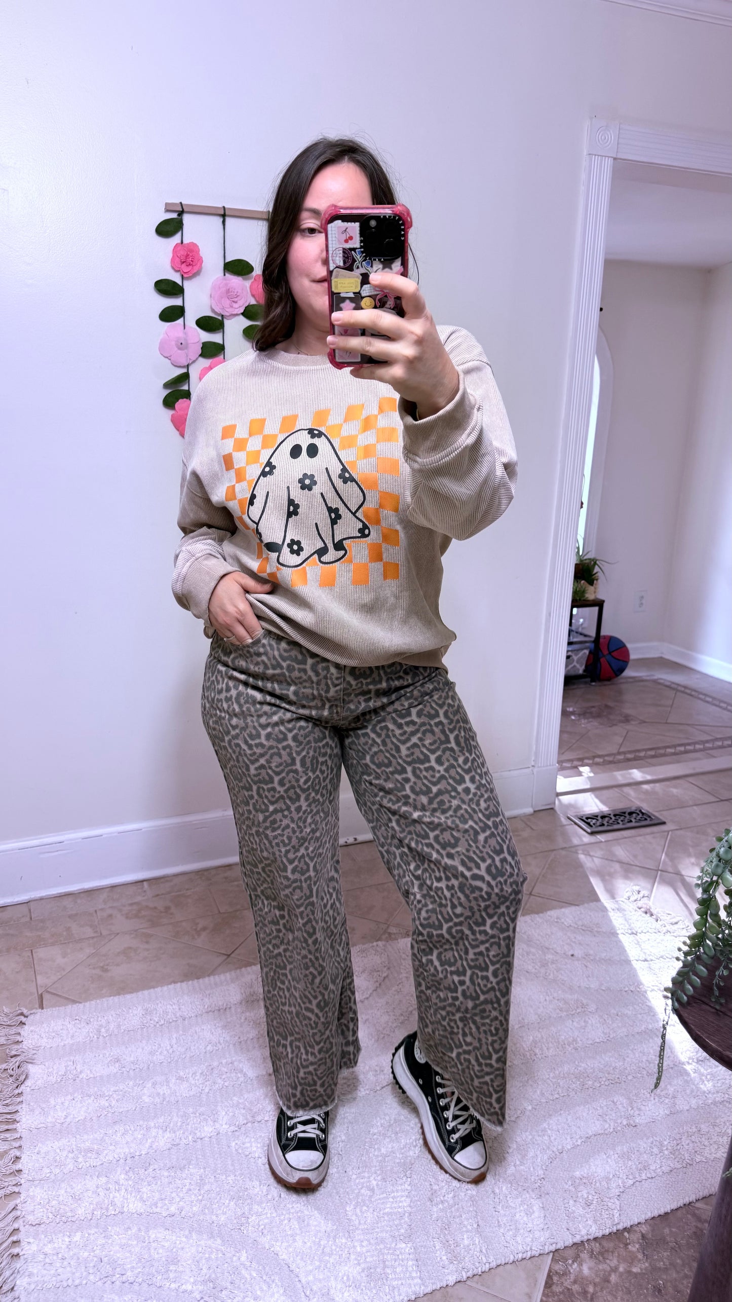 Leopard Print Wide Leg High Waist Jeans – Frayed Hem Denim Pants