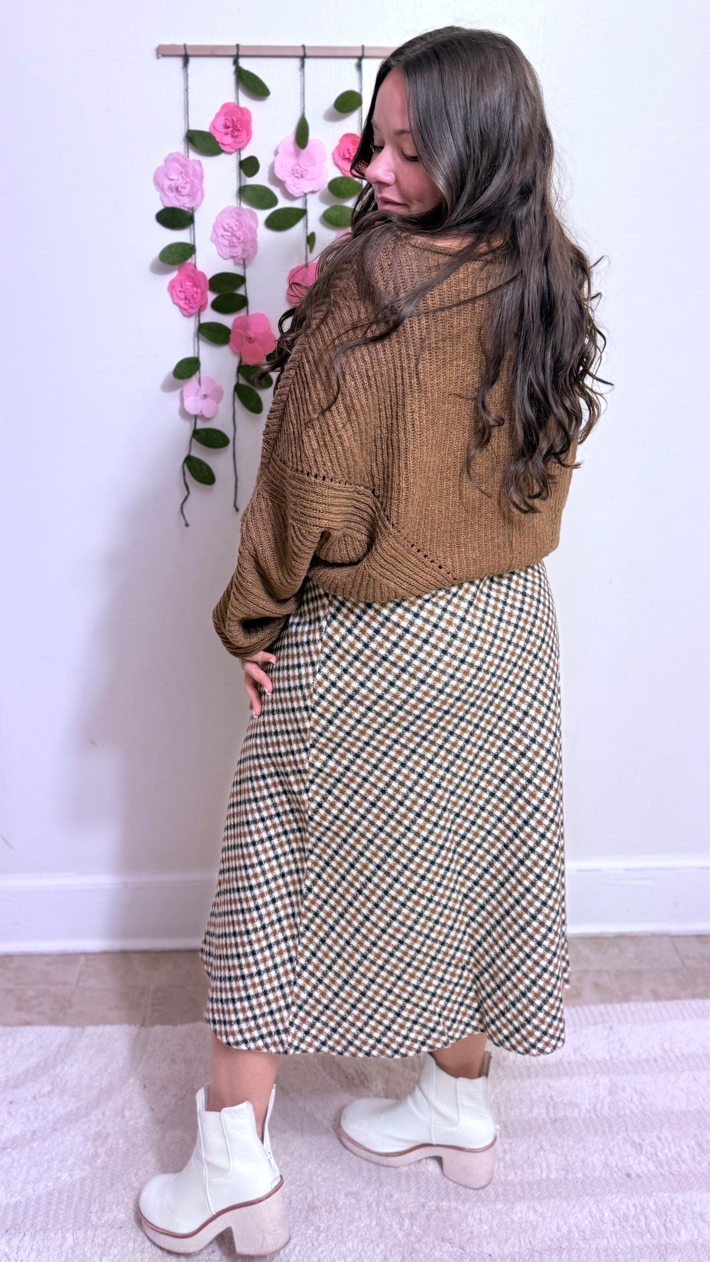 Cinnamon Houndstooth Midi Skirt