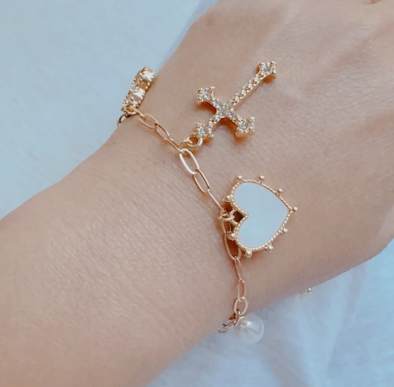 Cross Clover Charm Bracelet – Gold Plated Romantic Multi-Charm Jewelry