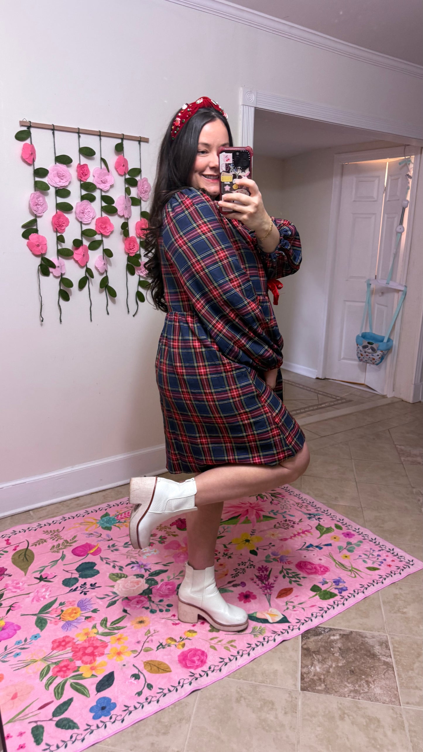 Merry Bow-Tied Plaid Dress