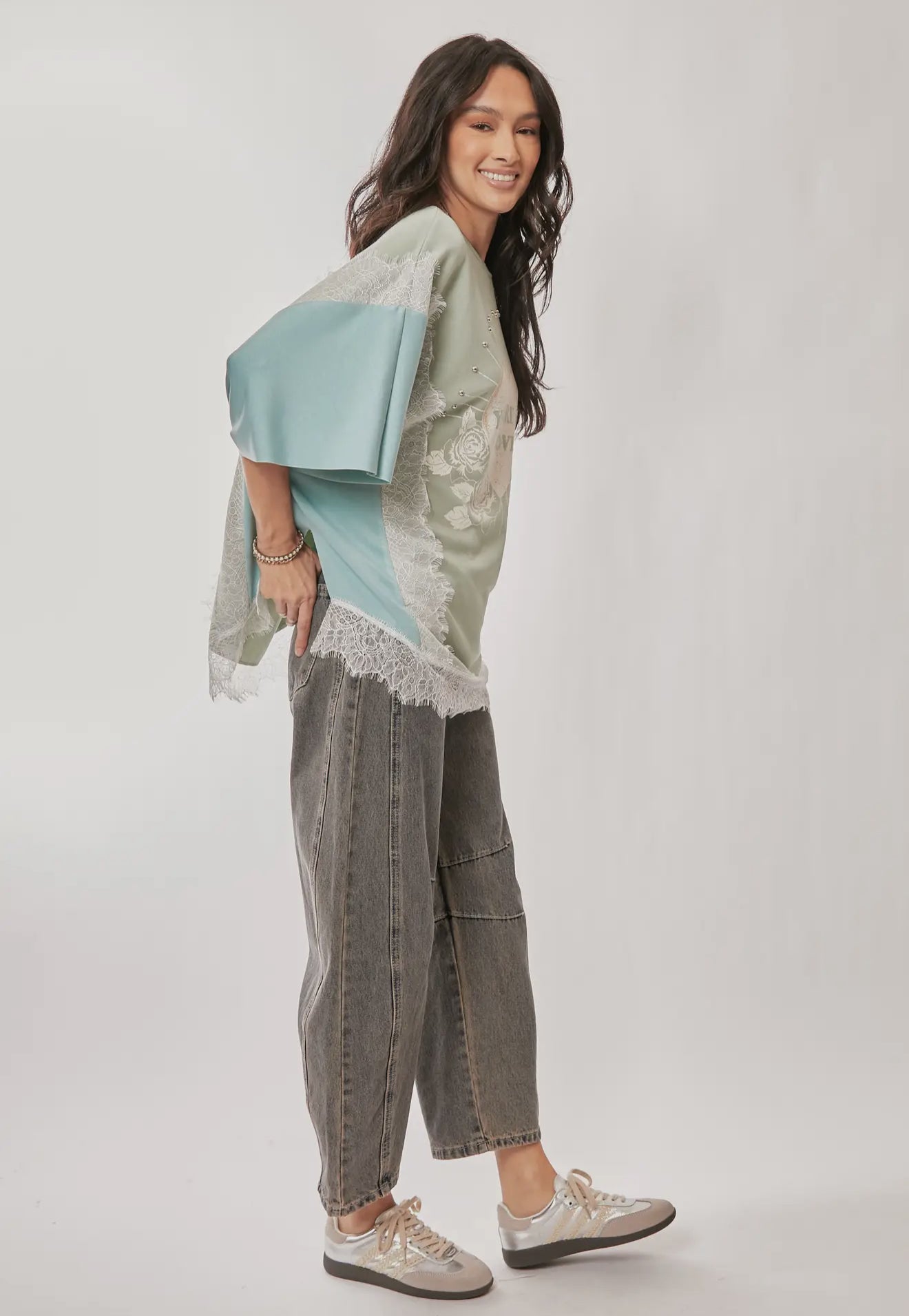 You Are My Love Graphic Lace Top – Sage Blue Short Sleeve