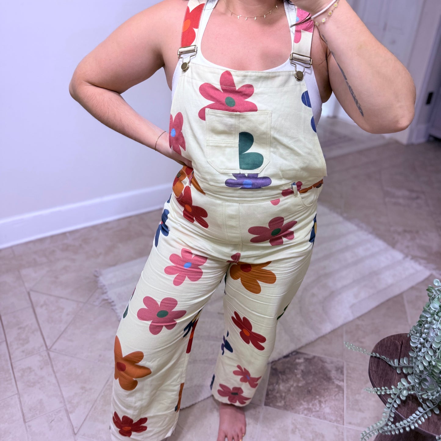 Colorful Daisy Print Overalls