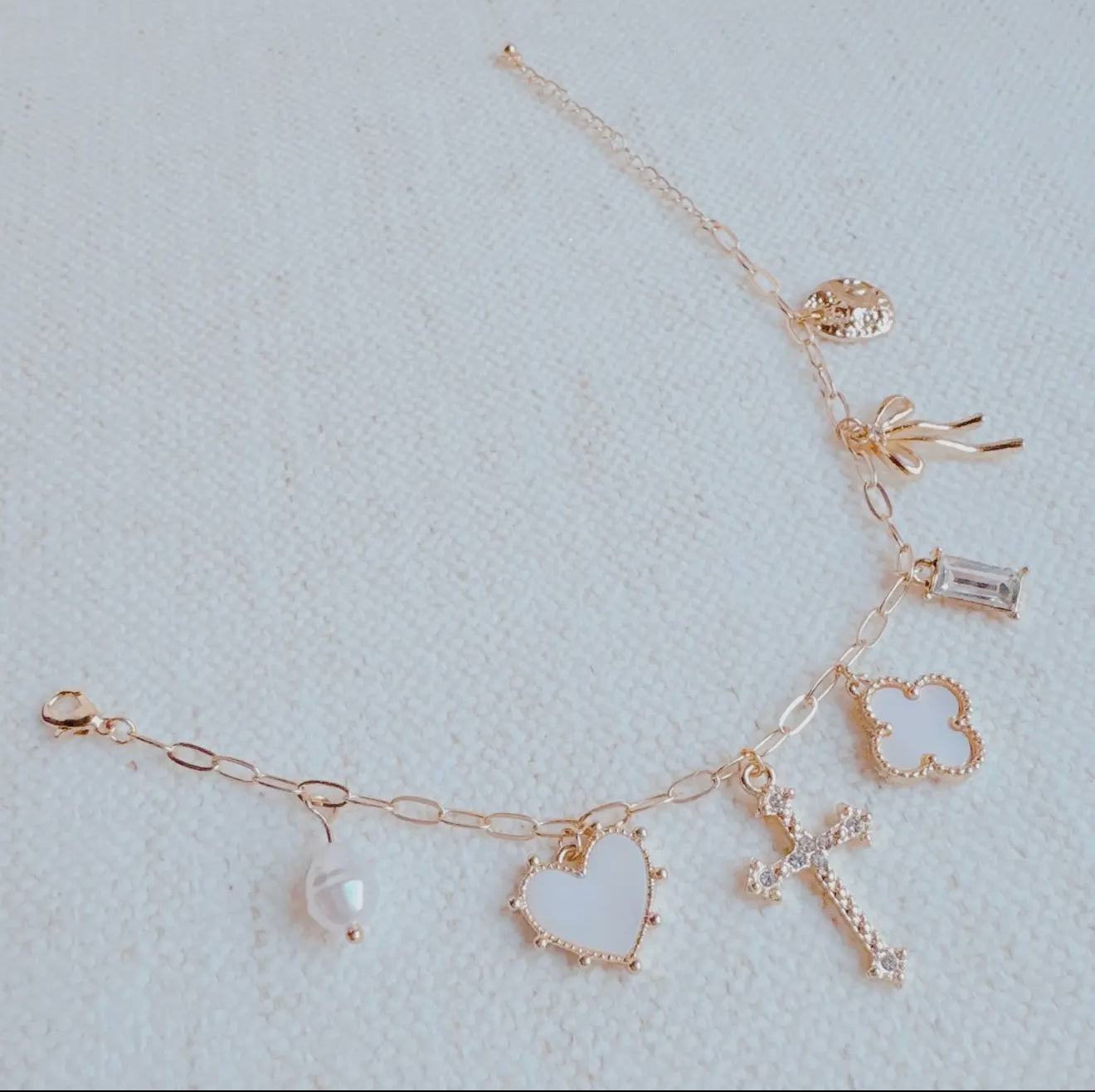 Cross Clover Charm Bracelet – Gold Plated Romantic Multi-Charm Jewelry