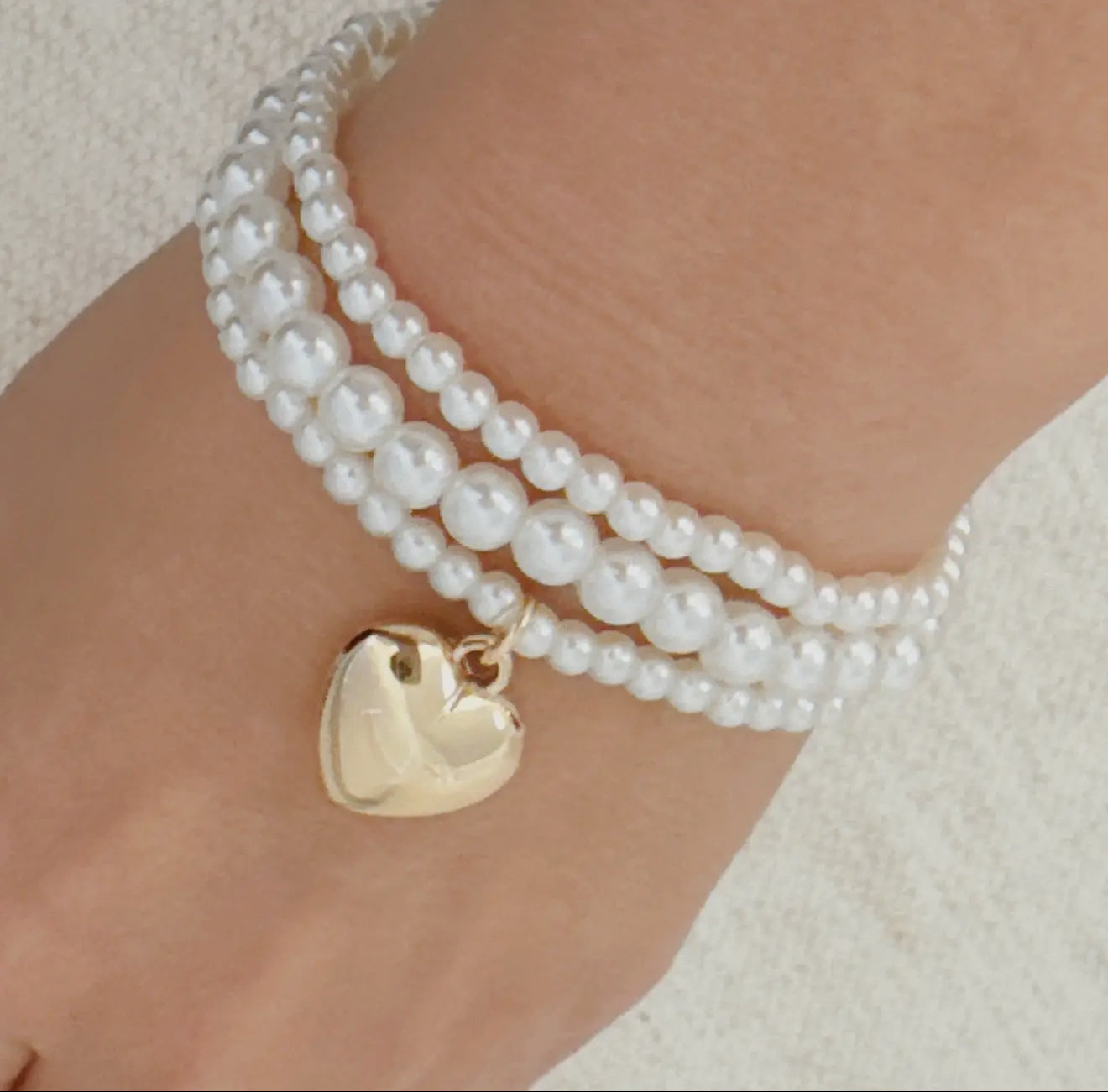 Pearl Beads Golden Heart Stretch Bracelet Set of 3