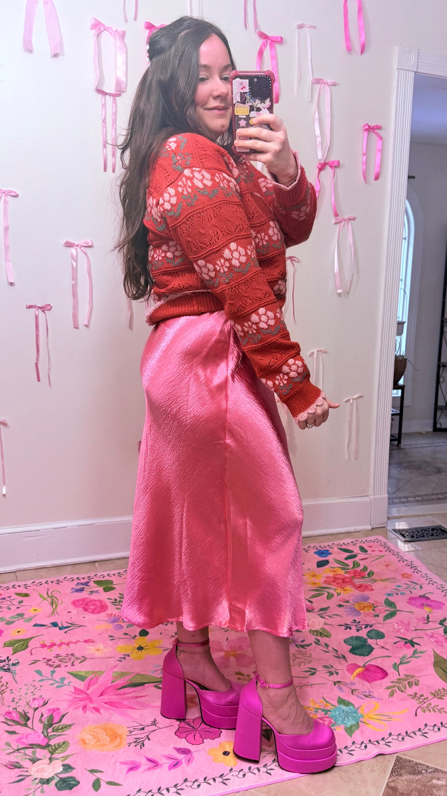 Rose Pink Satin Midi Skirt