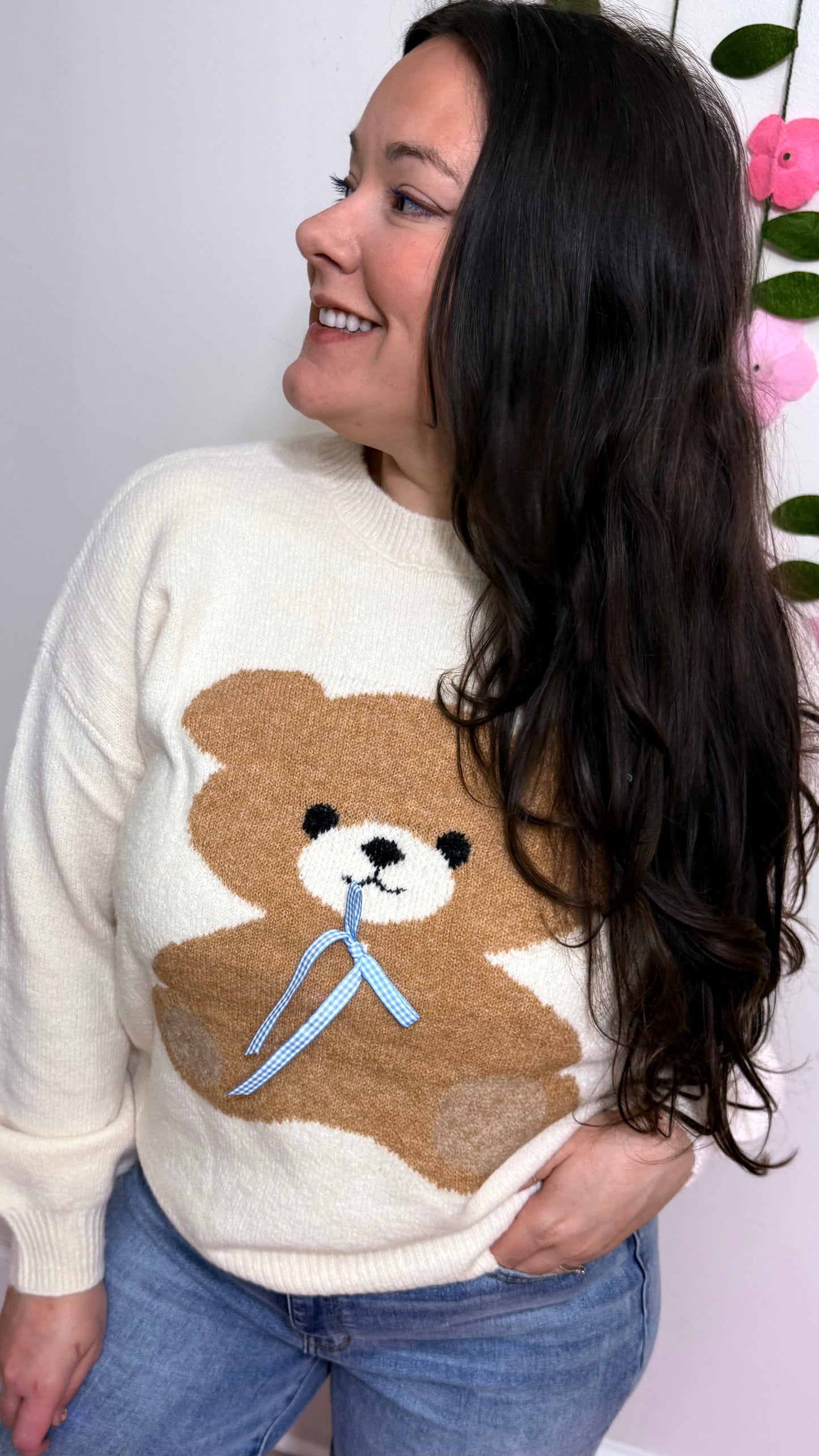 Teddy Love Knit Sweater – Cream Bear Pullover with Blue Ribbon Detail