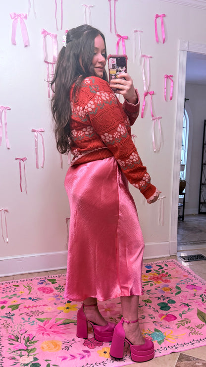 Rose Pink Satin Midi Skirt