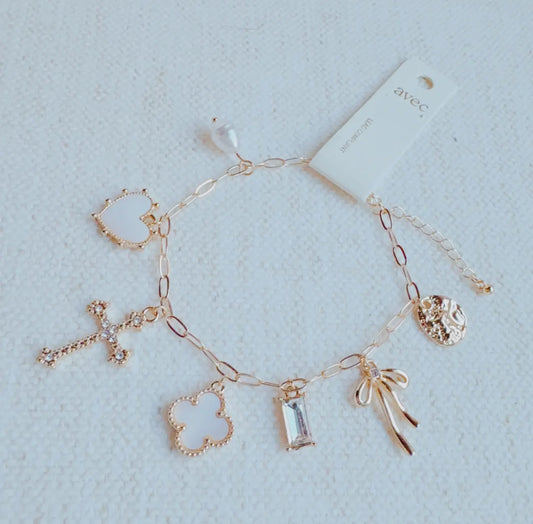 Cross Clover Charm Bracelet – Gold Plated Romantic Multi-Charm Jewelry