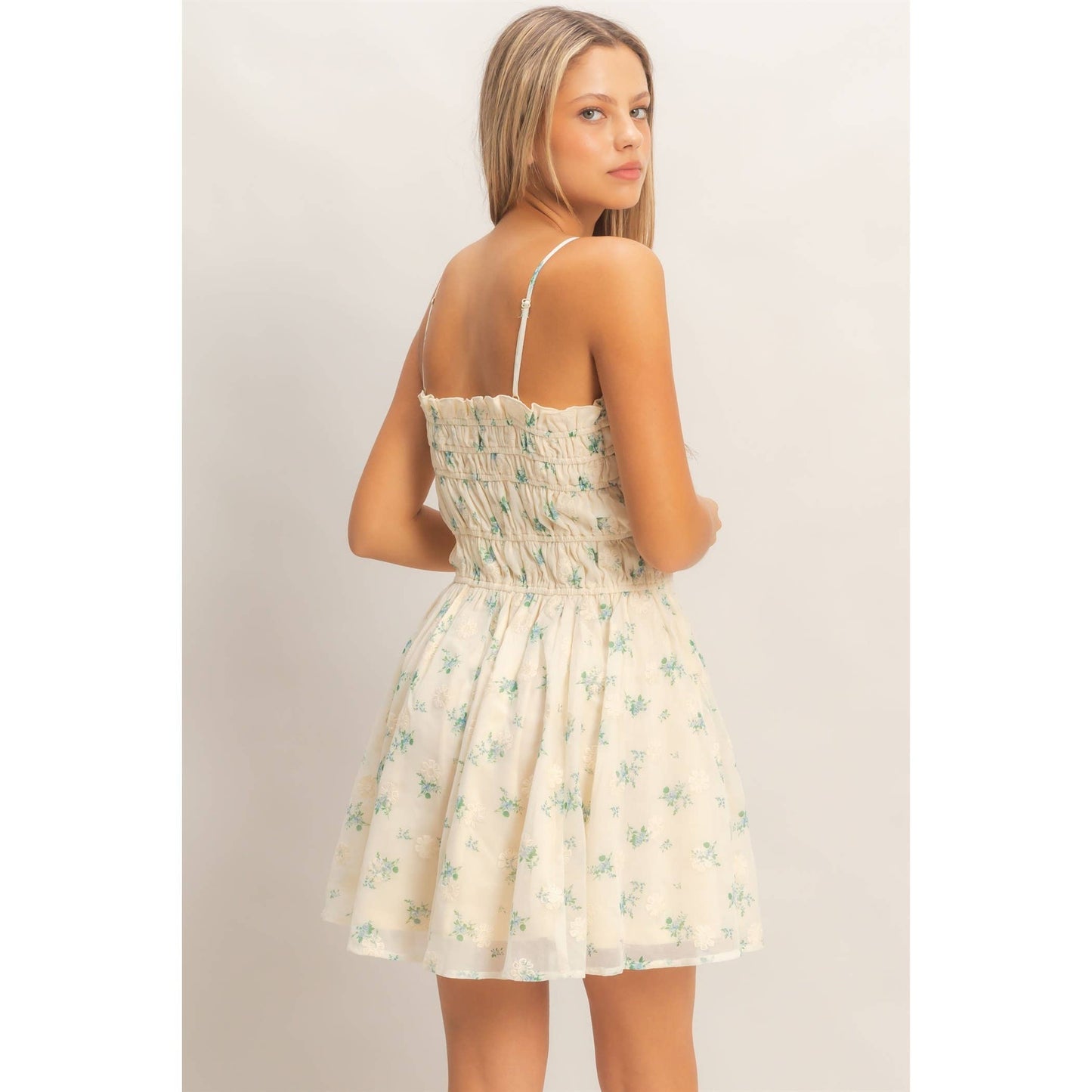 Shirred Floral Button-Front Mini