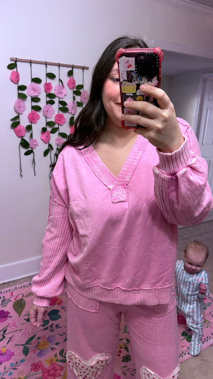 Bubblegum Pink Mineral Wash Ribbed V-Neck Terry Sweatshirt