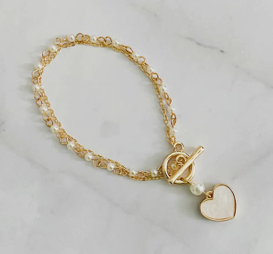 Layered Pearl Chain Heart Bracelet