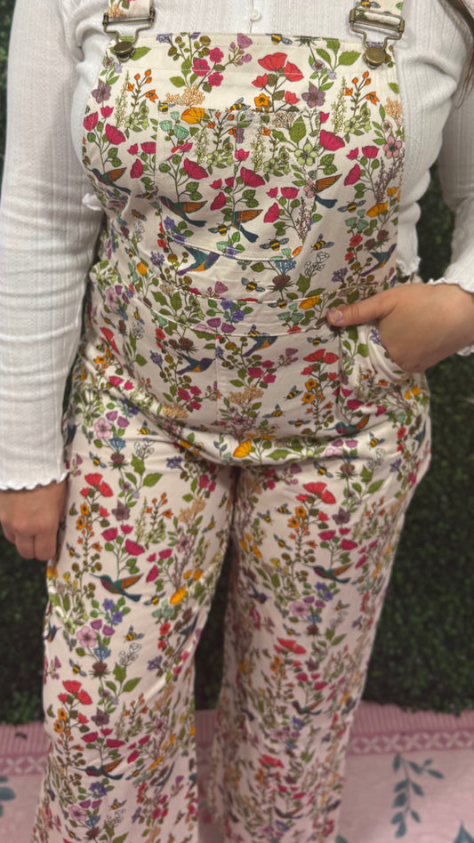 FLORAL HUMMINGBIRD PRINT OVERALLS