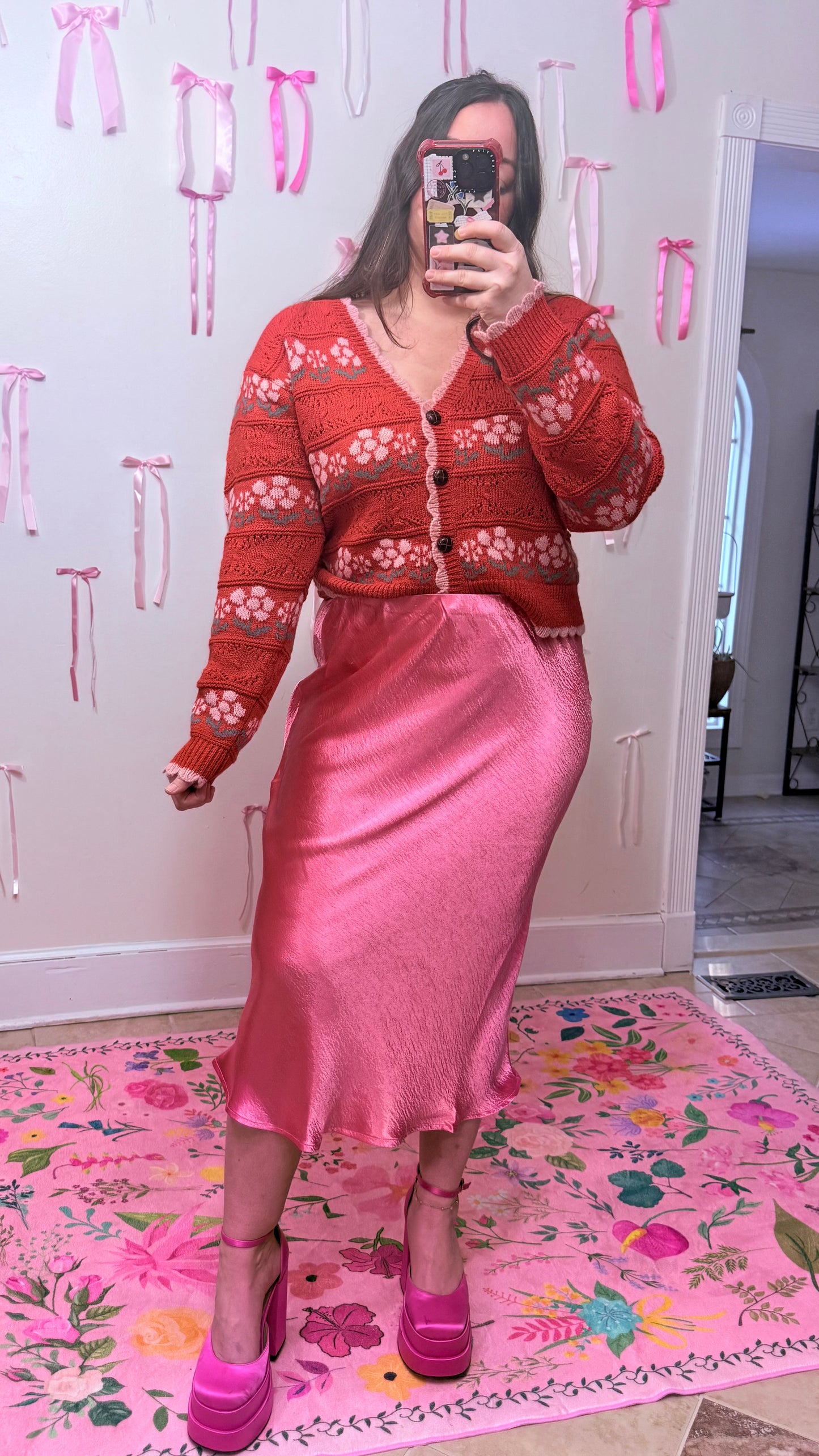 Rose Pink Satin Midi Skirt