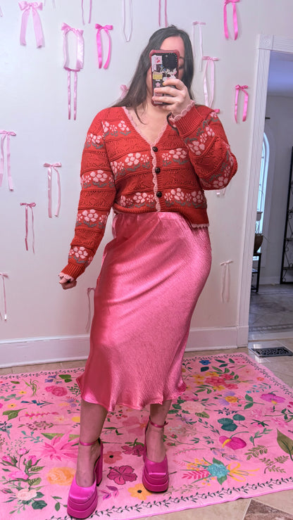 Rose Pink Satin Midi Skirt