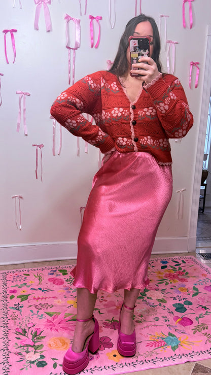 Rose Pink Satin Midi Skirt