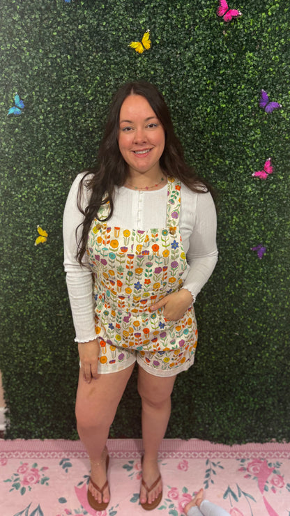 RETRO MOD FLORAL PRINT SHORTALLS