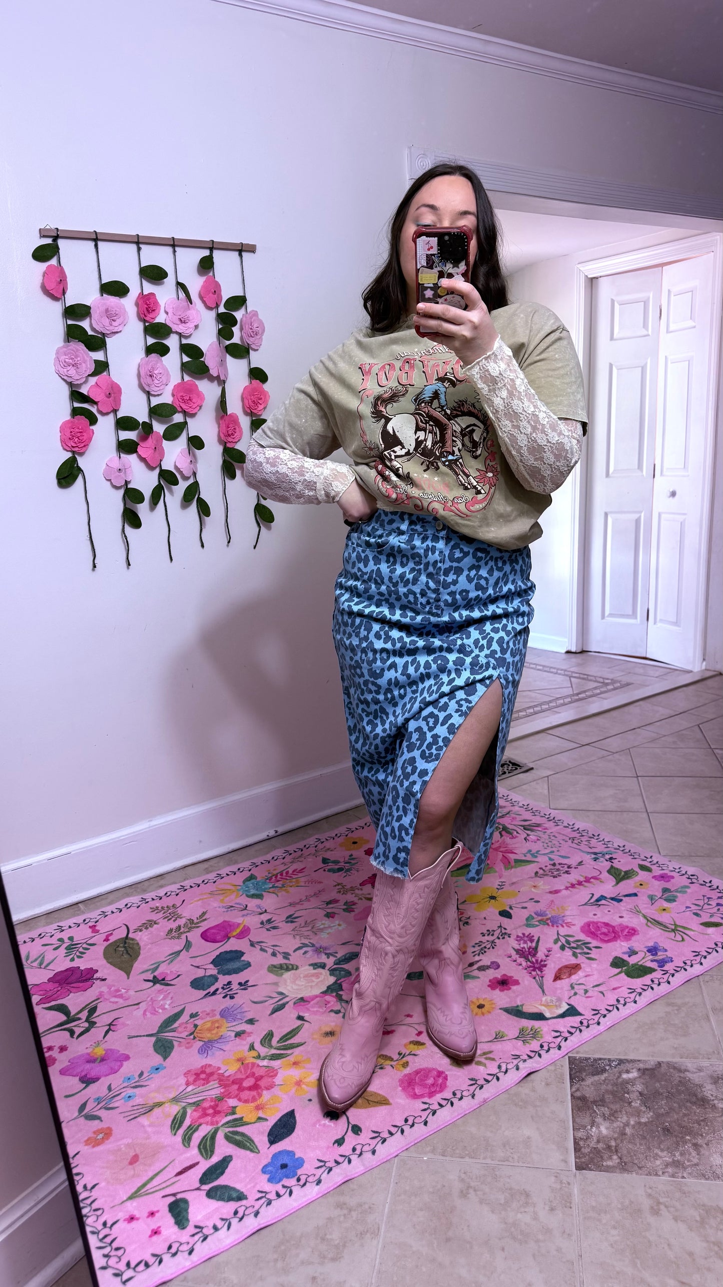 Leopard Denim Midi Skirt