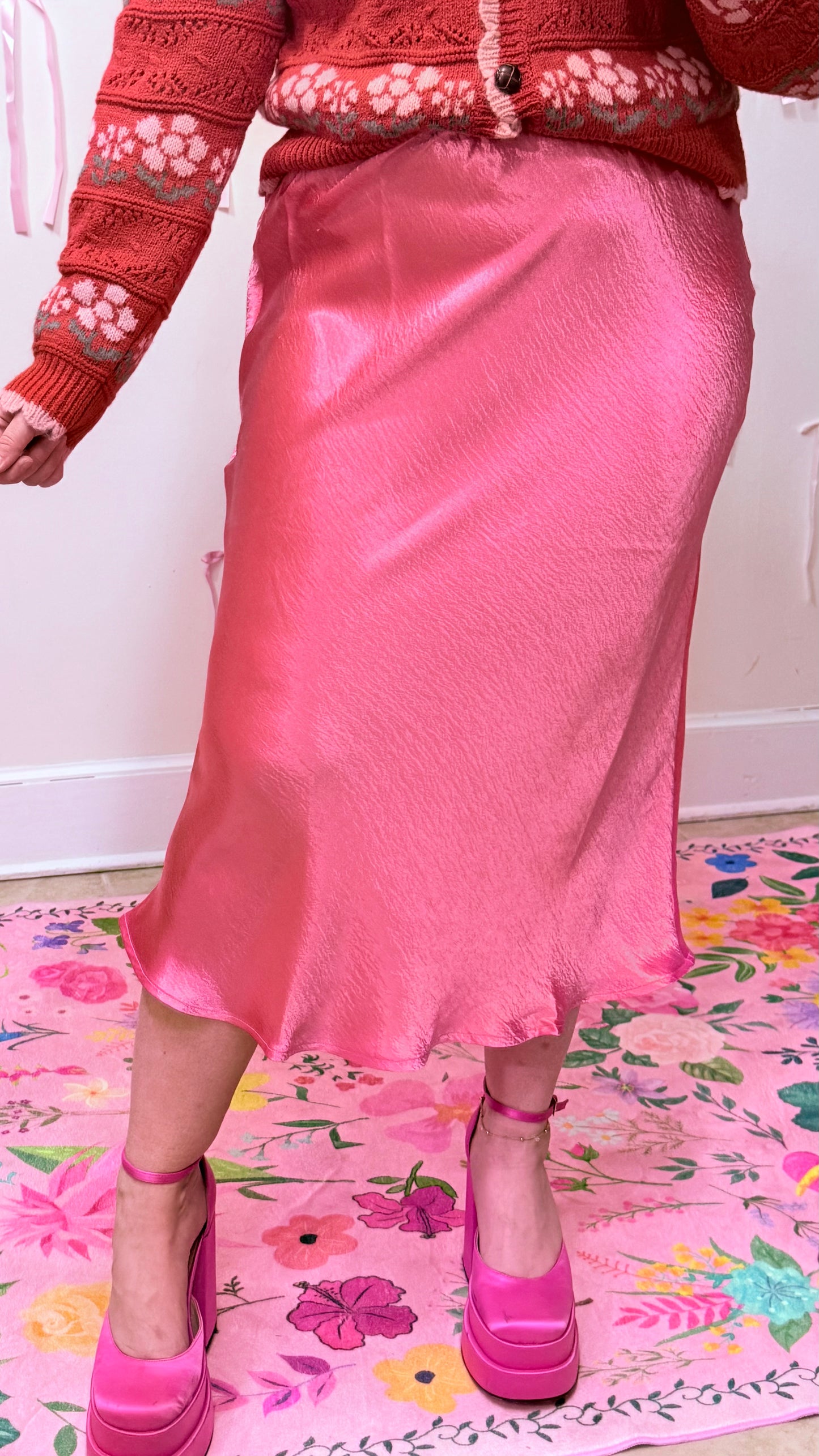 Rose Pink Satin Midi Skirt