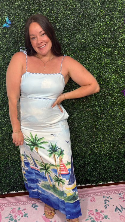 Coastal Sailboat Print Tie Strap Maxi Dress