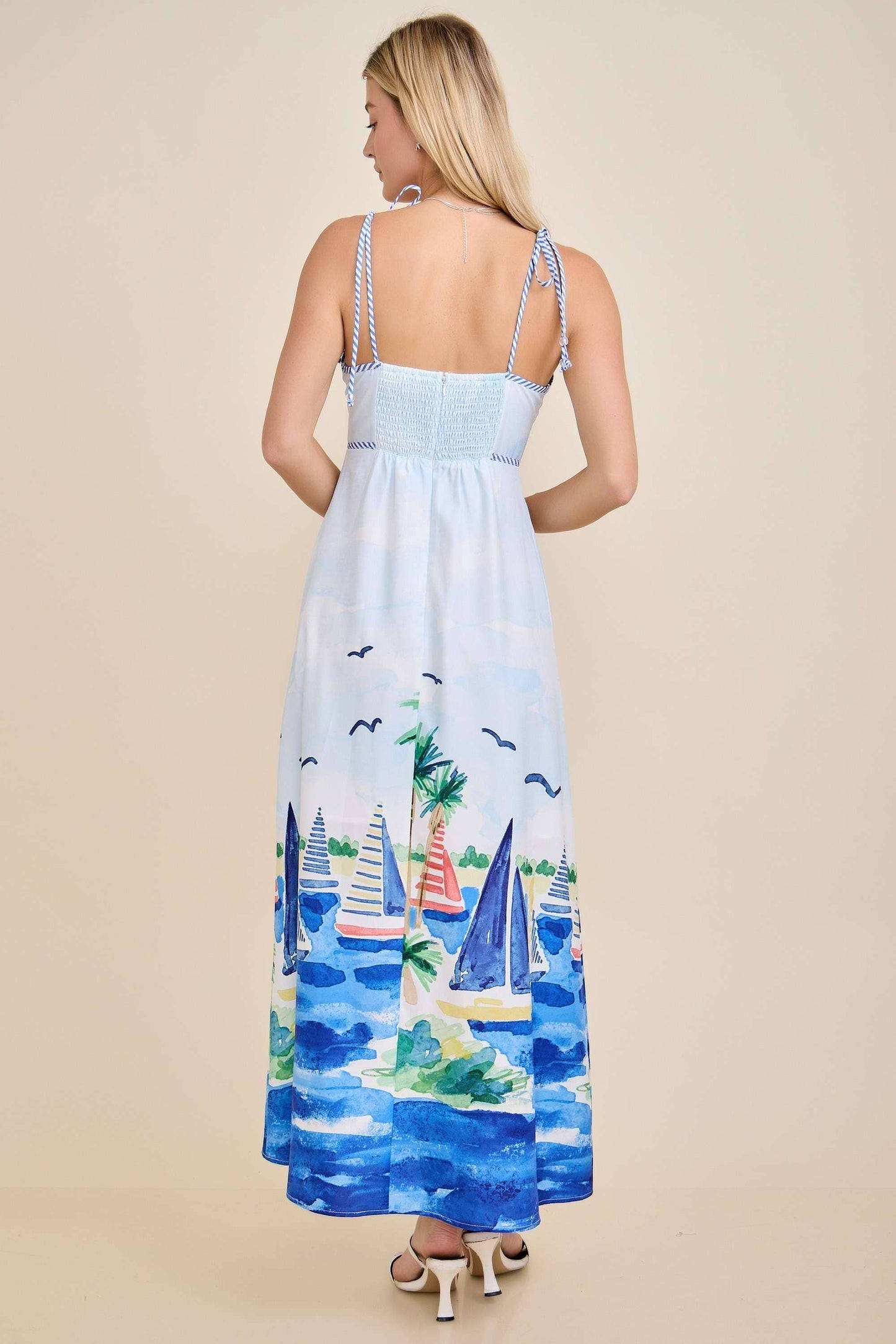 Coastal Sailboat Print Tie Strap Maxi Dress