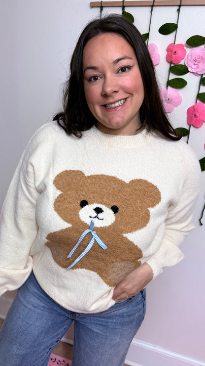 Teddy Love Knit Sweater – Cream Bear Pullover with Blue Ribbon Detail