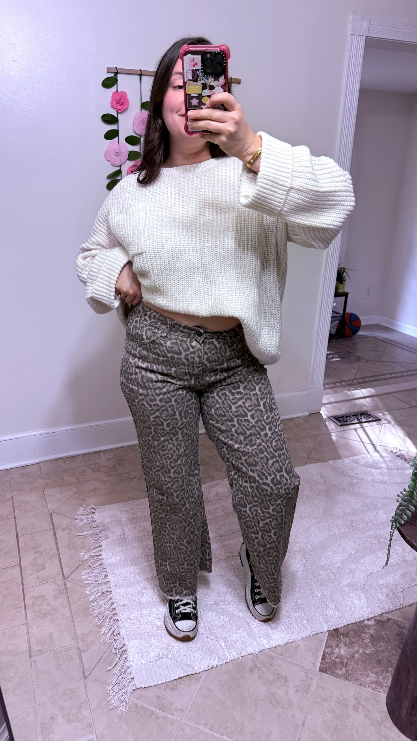 Leopard Print Wide Leg High Waist Jeans – Frayed Hem Denim Pants