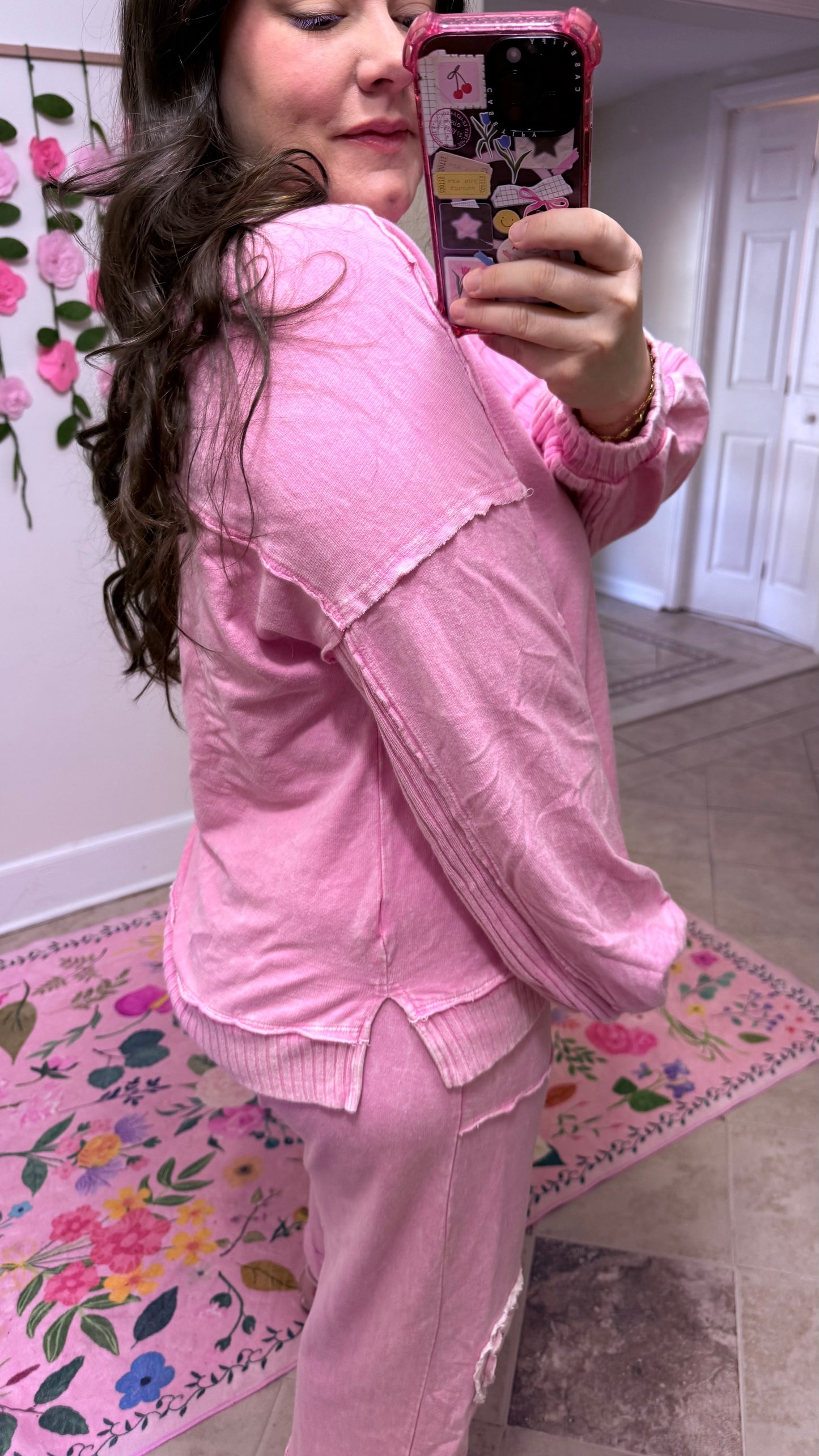 Bubblegum Pink Mineral Wash Ribbed V-Neck Terry Sweatshirt