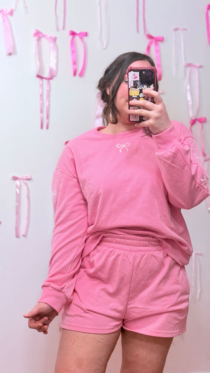 Bow Embroidered Pink Lounge Set | Hello HoneyPie Boutique