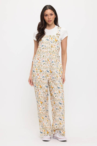 ROOSTER AND FLORAL PRINT OVERALLS