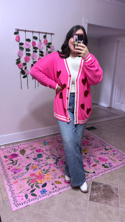 Happy Heart Sequin Cardi – Pink Valentine Cardigan