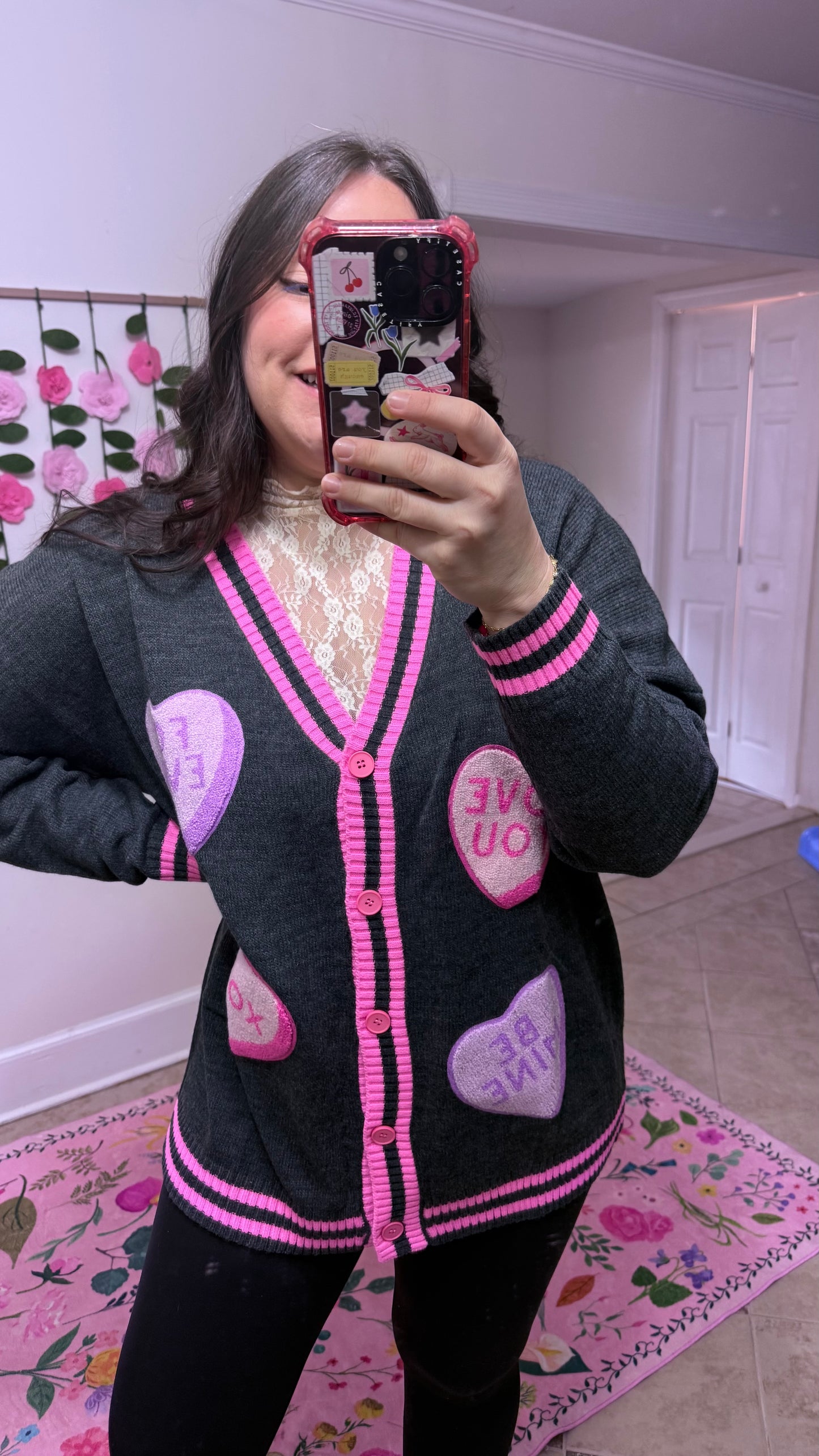 Candy Heart Cardi – Chenille Patch Valentine Cardigan