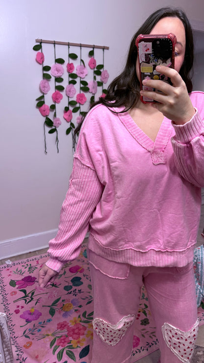 Bubblegum Pink Mineral Wash Ribbed V-Neck Terry Sweatshirt