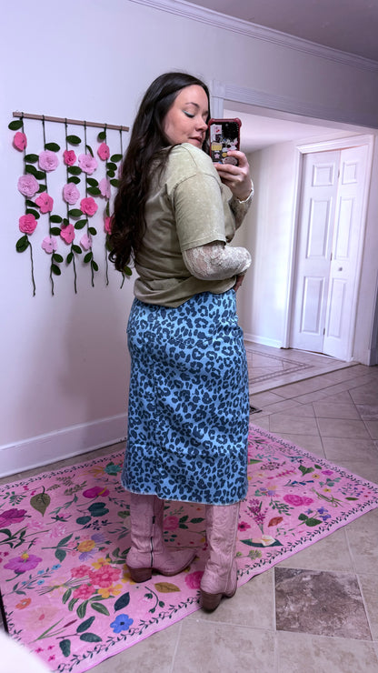 Leopard Denim Midi Skirt
