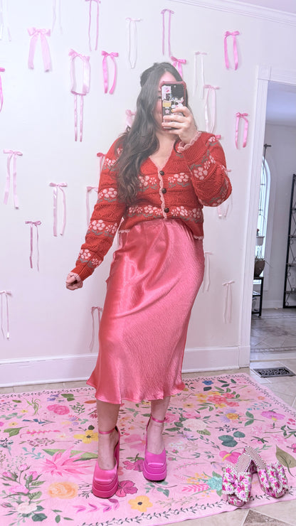 Rose Pink Satin Midi Skirt