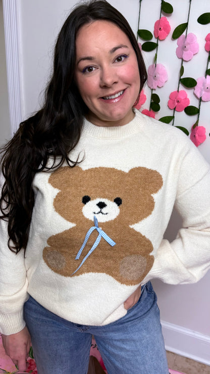 Teddy Love Knit Sweater – Cream Bear Pullover with Blue Ribbon Detail