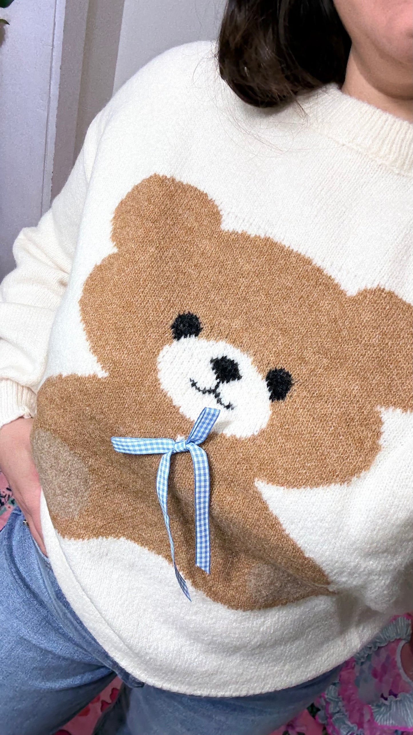 Teddy Love Knit Sweater – Cream Bear Pullover with Blue Ribbon Detail