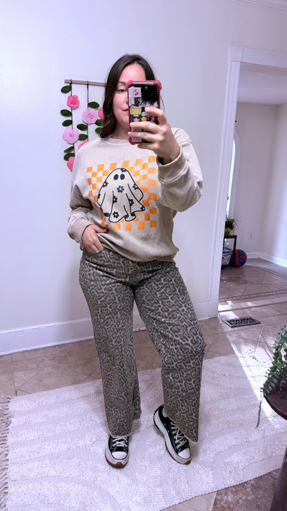 Leopard Print Wide Leg High Waist Jeans – Frayed Hem Denim Pants