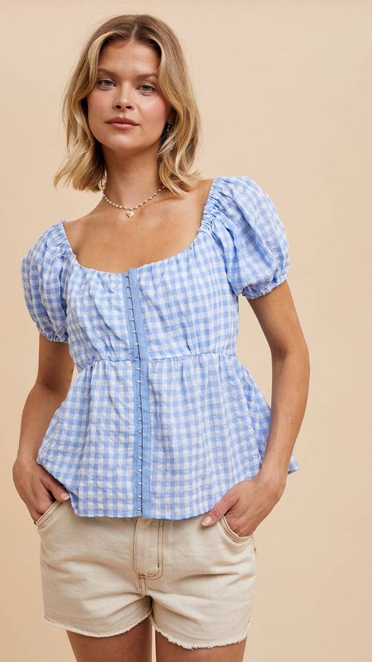 GINGHAM BABYDOLL TOP W/ HOOK & EYE
