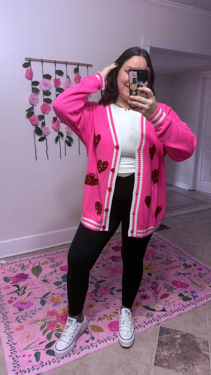 Happy Heart Sequin Cardi – Pink Valentine Cardigan
