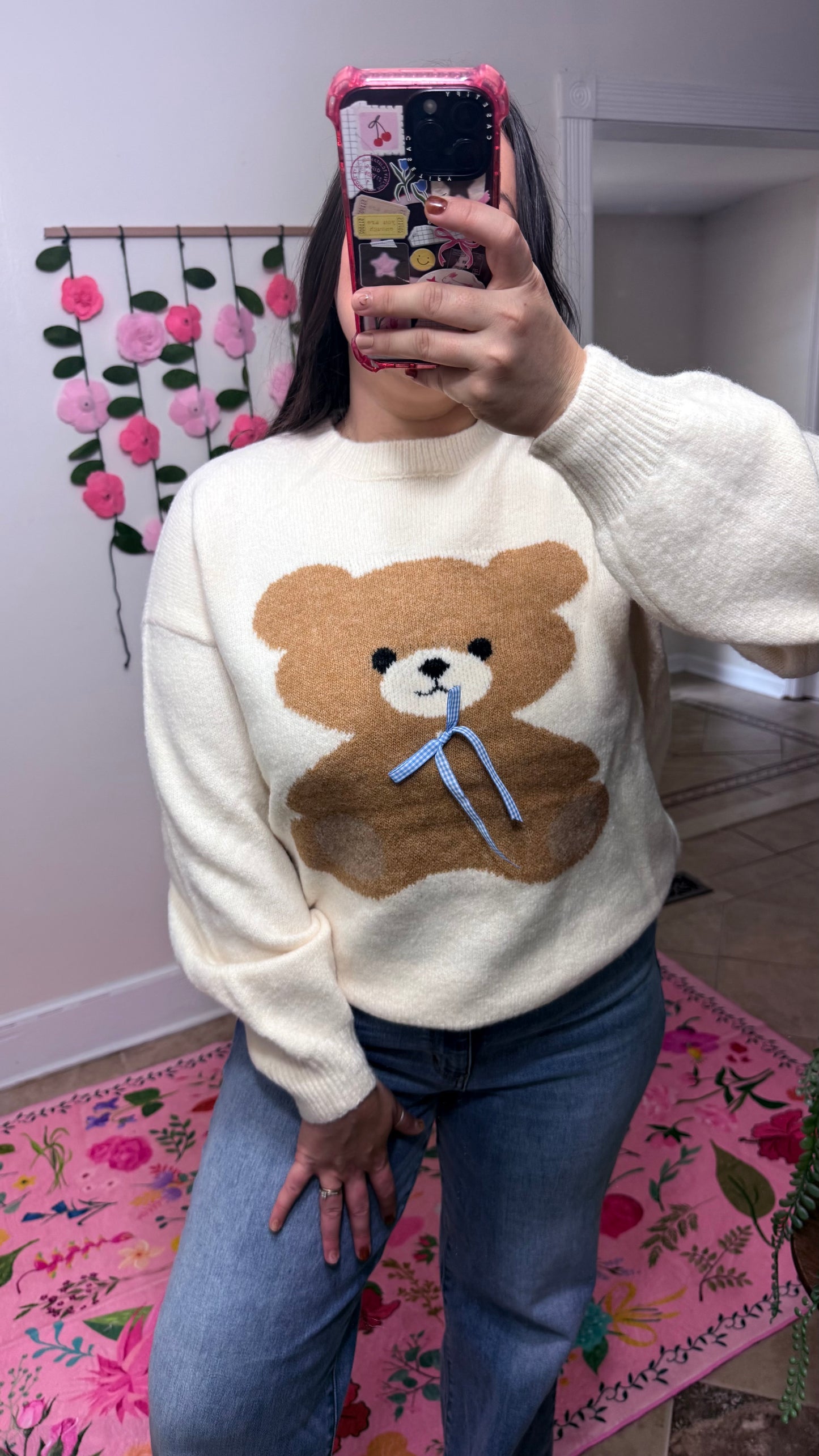 Teddy Love Knit Sweater – Cream Bear Pullover with Blue Ribbon Detail