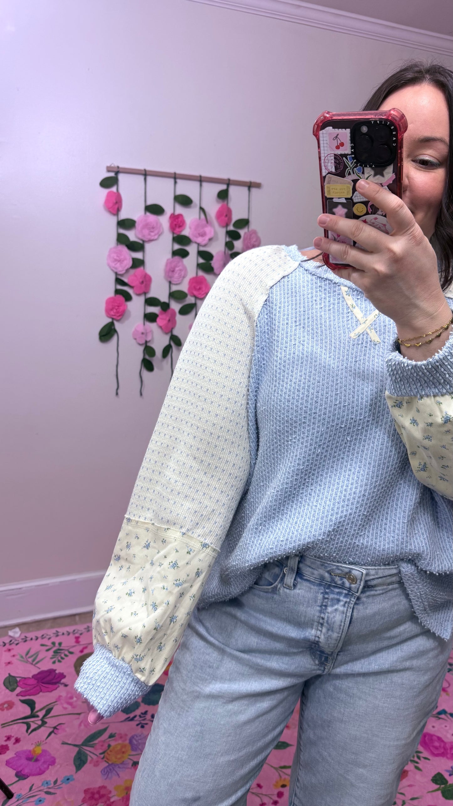 Blue Floral Raglan Knit Top | Casual Colorblock Long Sleeve