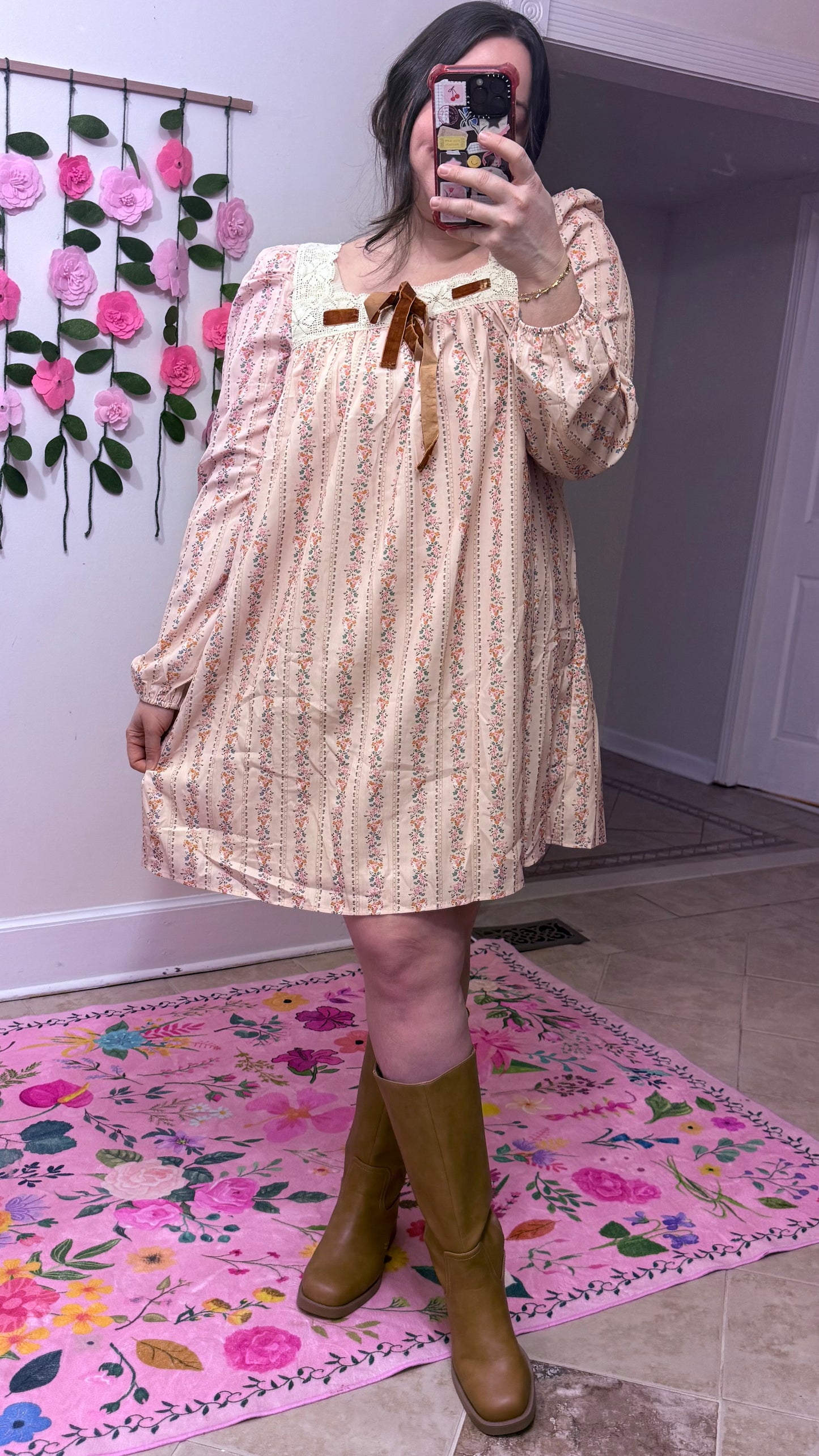 Velvet Bow Blossom Dress – Floral Long Sleeve Mini Dress with Lace Trim