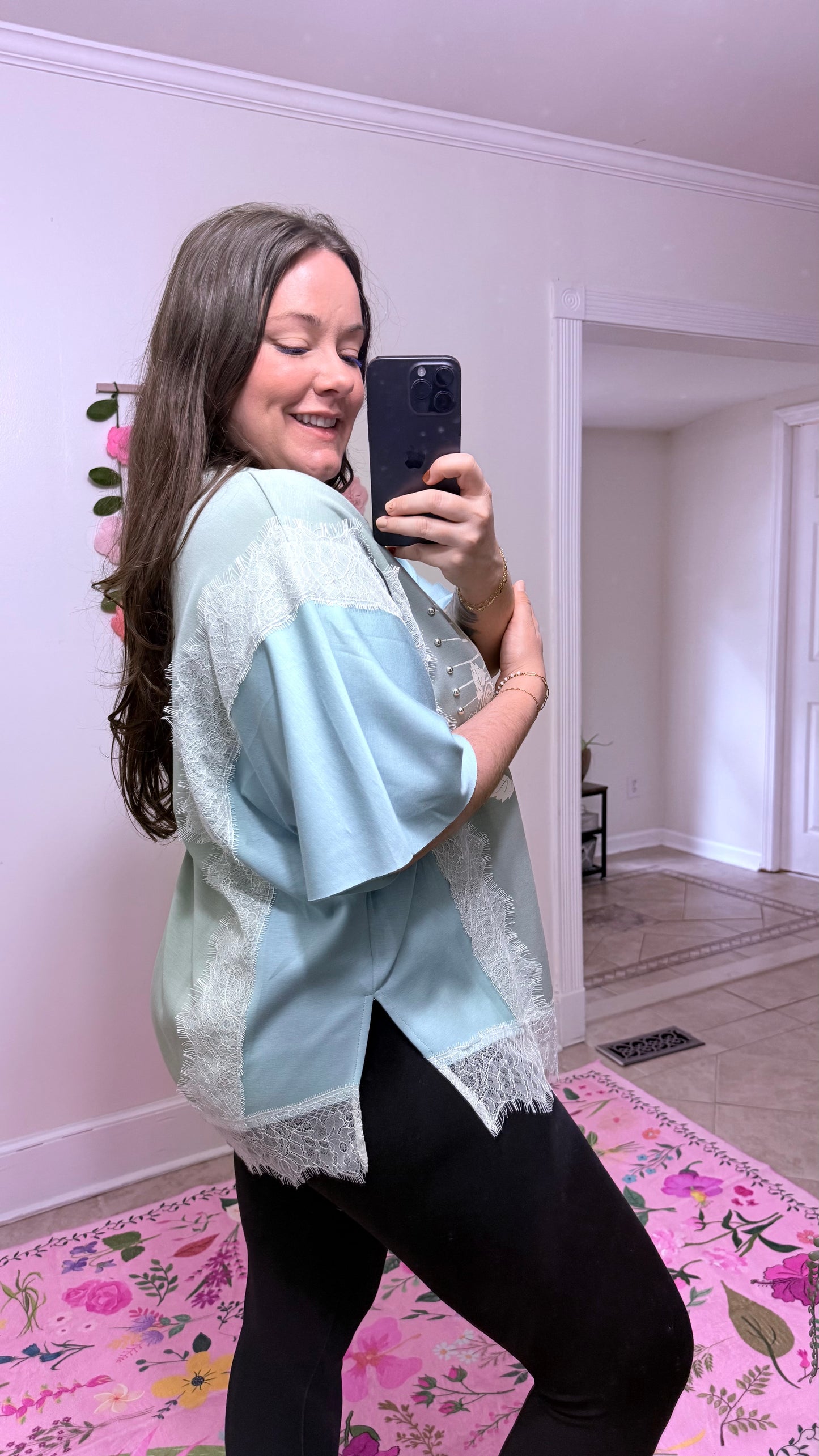 You Are My Love Graphic Lace Top – Sage Blue Short Sleeve