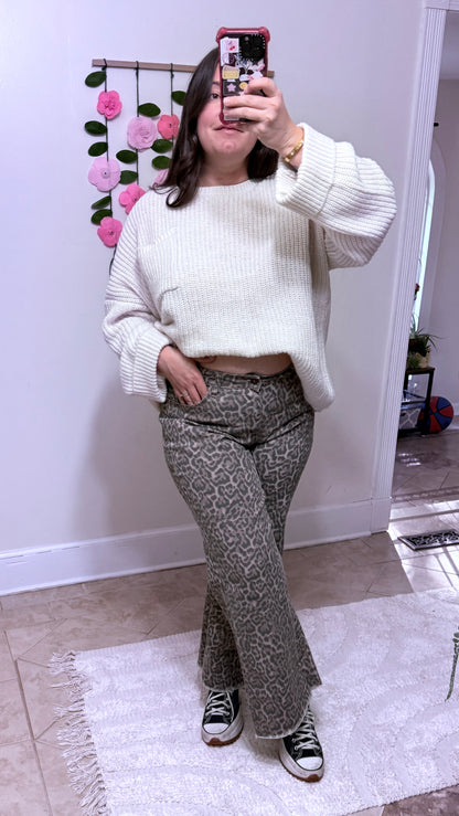 Leopard Print Wide Leg High Waist Jeans – Frayed Hem Denim Pants