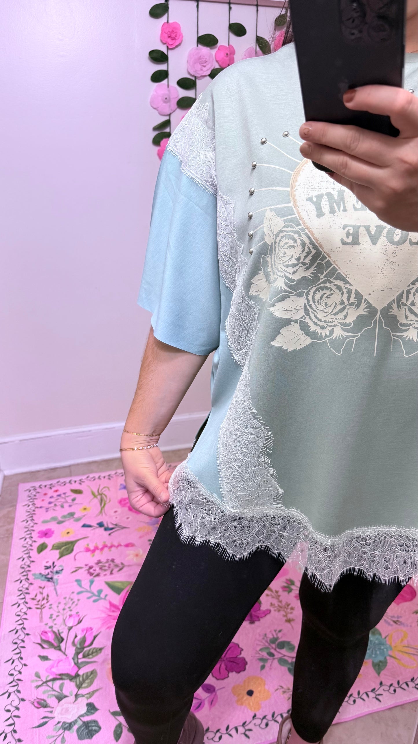 You Are My Love Graphic Lace Top – Sage Blue Short Sleeve