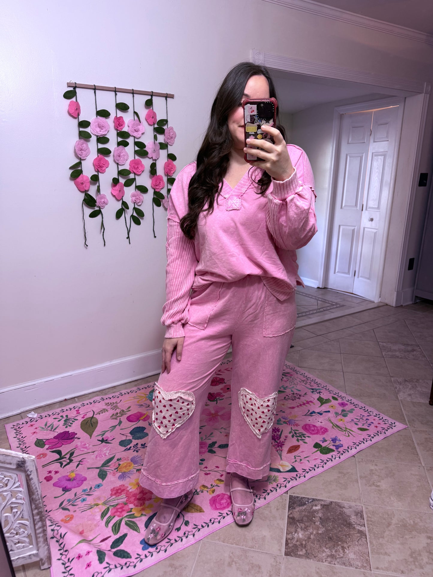 Bubblegum Pink Mineral Wash Ribbed V-Neck Terry Sweatshirt